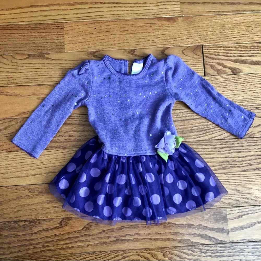 Youngland Purple Dot Sequins Tulle Skirt Knit Dress Baby Girl Size 24 Months